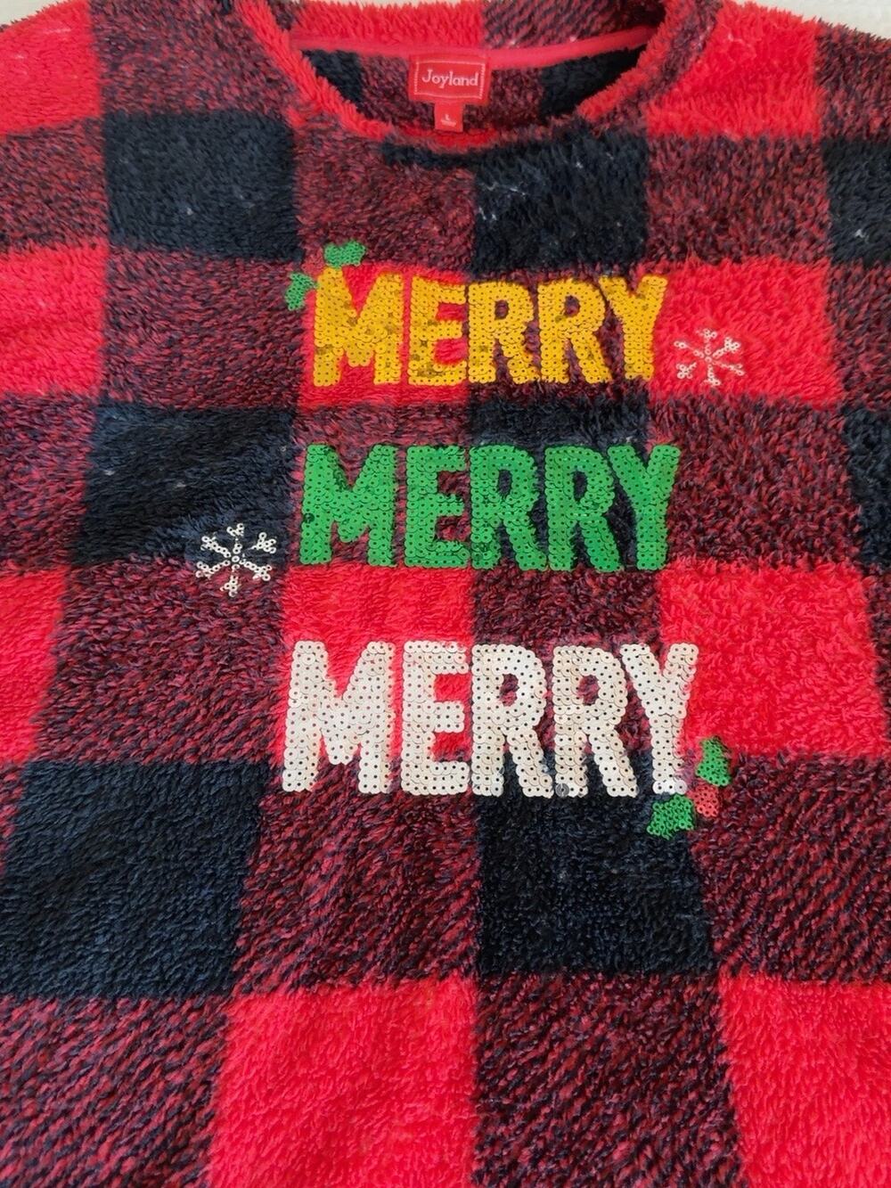 Joyland Women’s Large Merry Christmas Buffalo Plaid Fuzzy Sequin Sweater